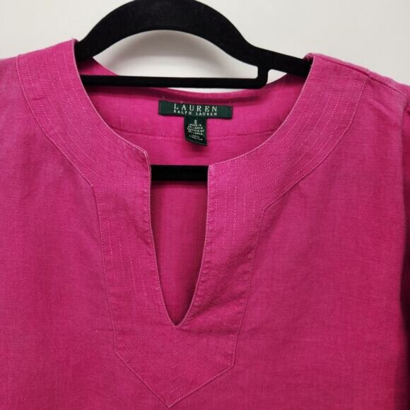 Lauren Ralph Lauren Hot Pink 100% Linen Long Roll Tab Sleeve Blouse Women's S - Picture 3 of 9